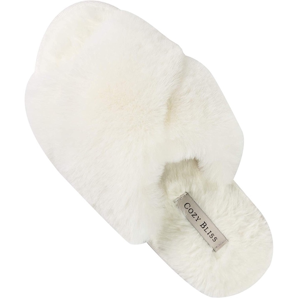 Faux Fur Cross Band Memory Foam Open Toe Fuzzy Fluffy House Slippers Cream 7-8